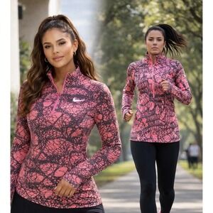 Nike Pro Dri Fit Womens Medium‎ Pink Black Abstract Print 1/4 Zip Pullover Top